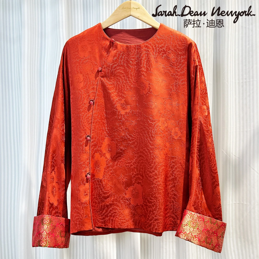 【萨拉迪恩】桑蚕丝外套赤红华丽优雅设计师百搭气质