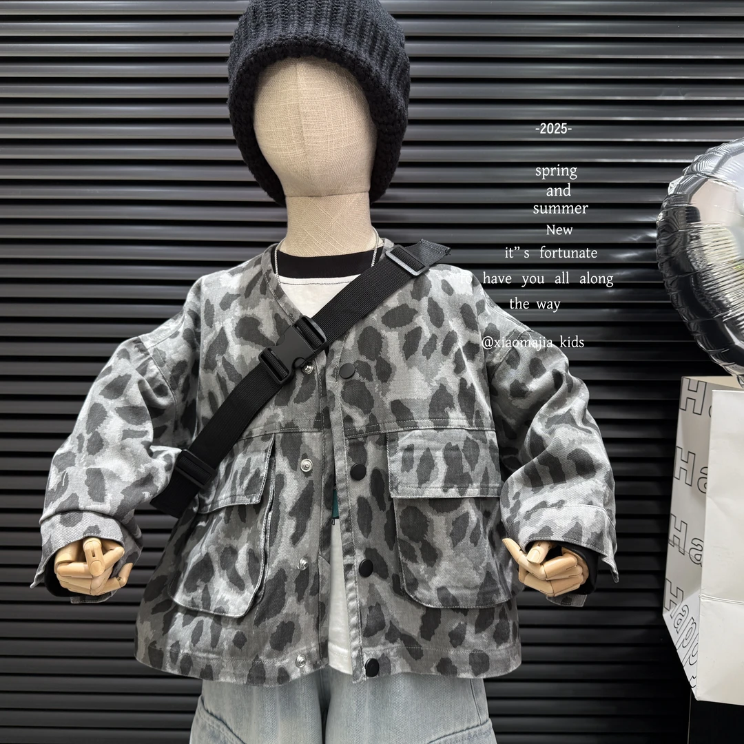 新款儿童春季长袖外套D-5137潮流豹纹休闲韩版男童衬衫女童上衣