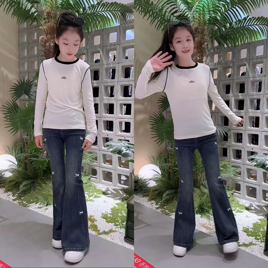 女童春秋款喇叭裤套装中大童字母夏季长袖上衣修身弹力裤子套装