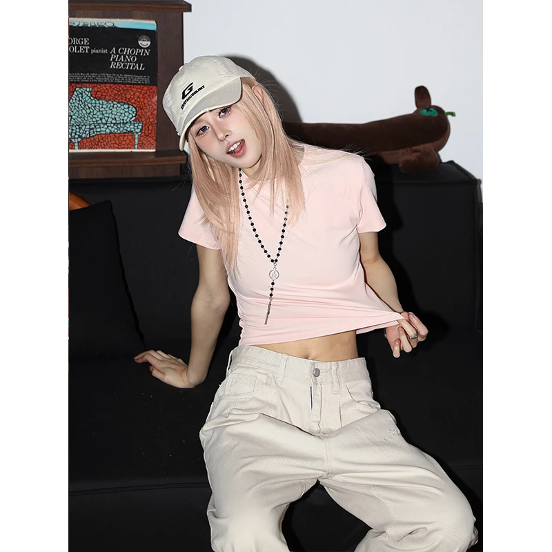 MANYSTON 国潮美式休闲圆领短袖t恤女辣妹短款上衣夏季修身打底衫