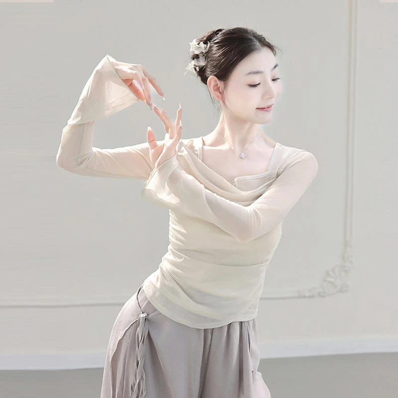 现代舞上衣网纱2025新款舞蹈练功服夏季黑色演出服长袖古典舞纱衣