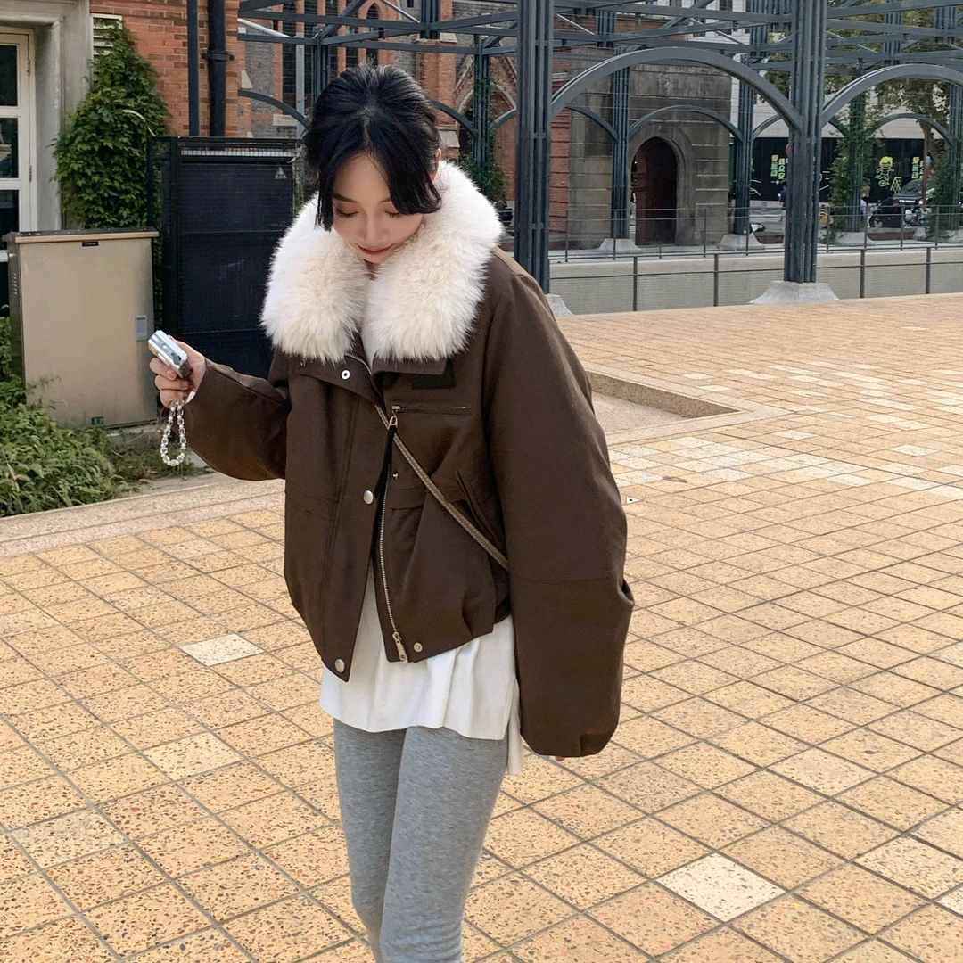 2025冬季新款韩版宽松显瘦毛领派克服大毛领女短款保暖棉服外套