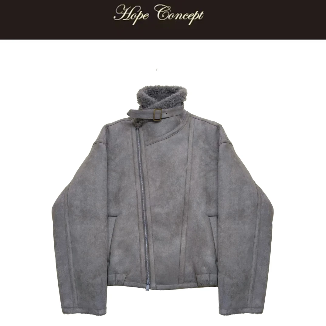 AW05560#HOPECONCEPT冷都贵感时髦过冬复古立/翻领斜门襟皮毛夹克