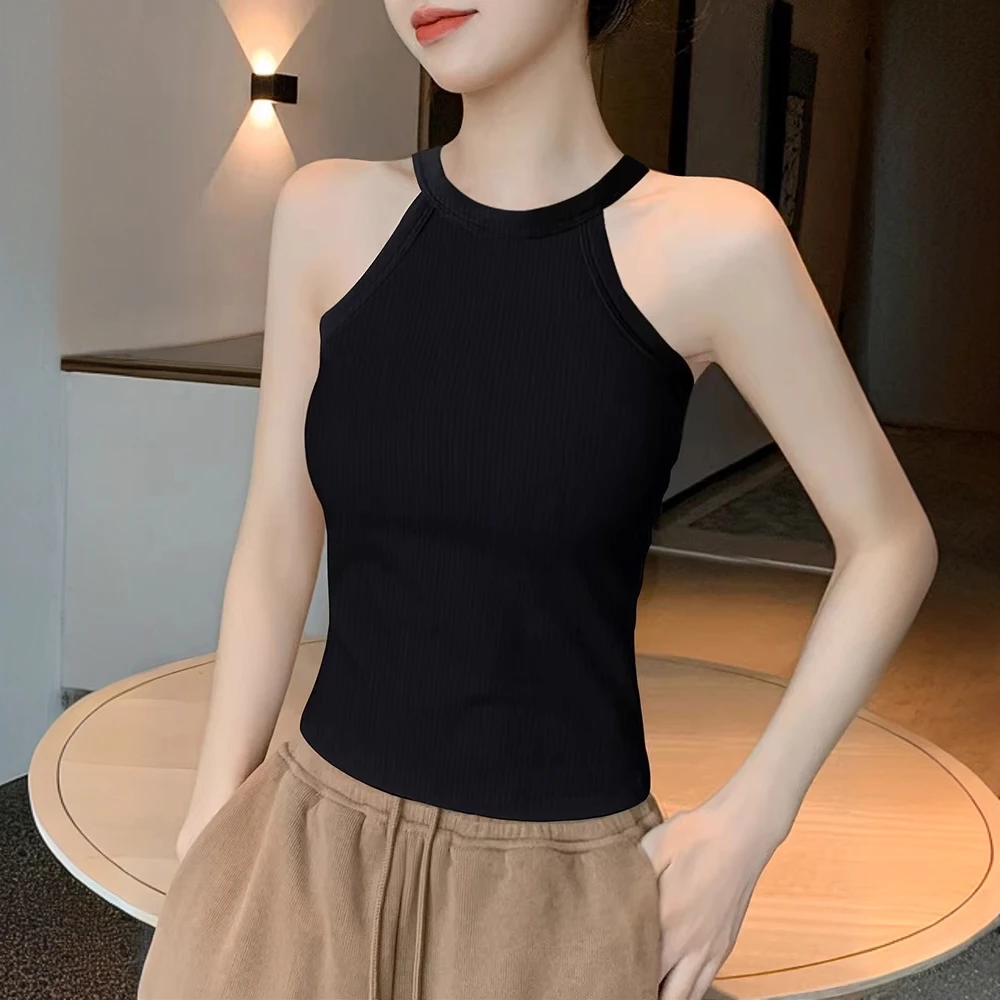 黑色挂脖吊带带胸垫背心女内搭2025新款一体式美背打底外穿上衣夏