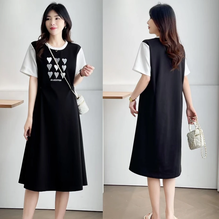 梦冬佳--110-200斤大码女装胖mm收腰显瘦假两件拼色短袖连衣裙夏