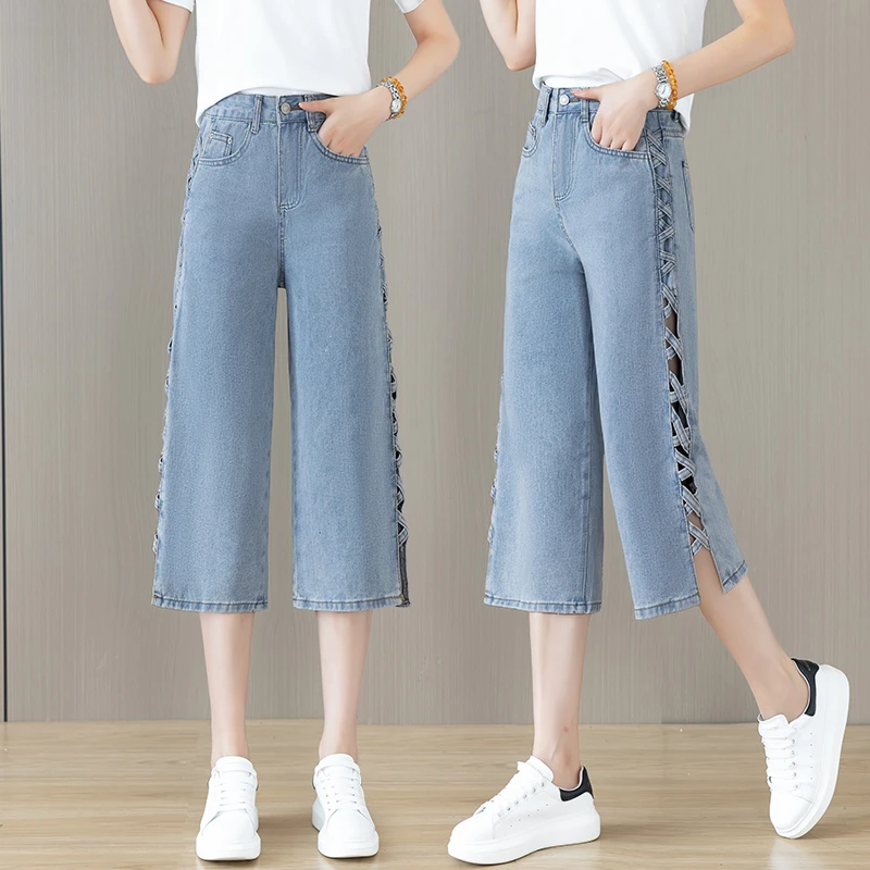 无弹高腰镂空宽松垂感直筒牛仔裤女2025年夏季新款七分薄款阔腿裤