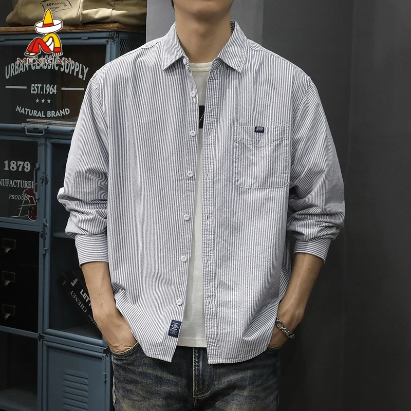 Mexican/稻草人春季纯棉条纹衬衫男款宽松休闲衬衣男士长袖外套潮