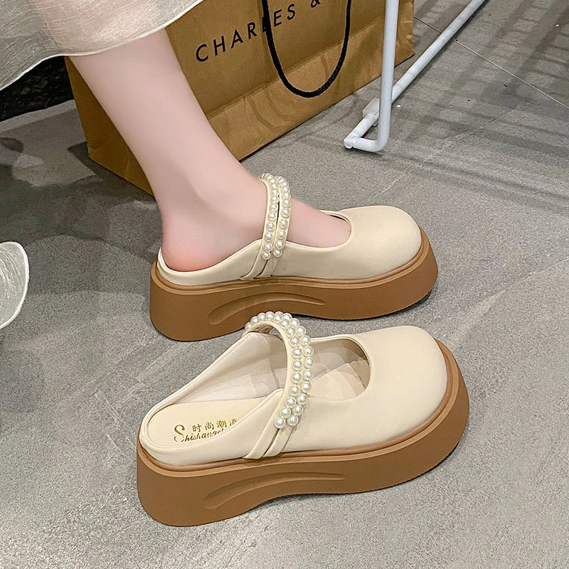 法式包头半拖鞋女外穿2025春夏季新款珍珠仙女风厚底玛丽珍凉拖鞋