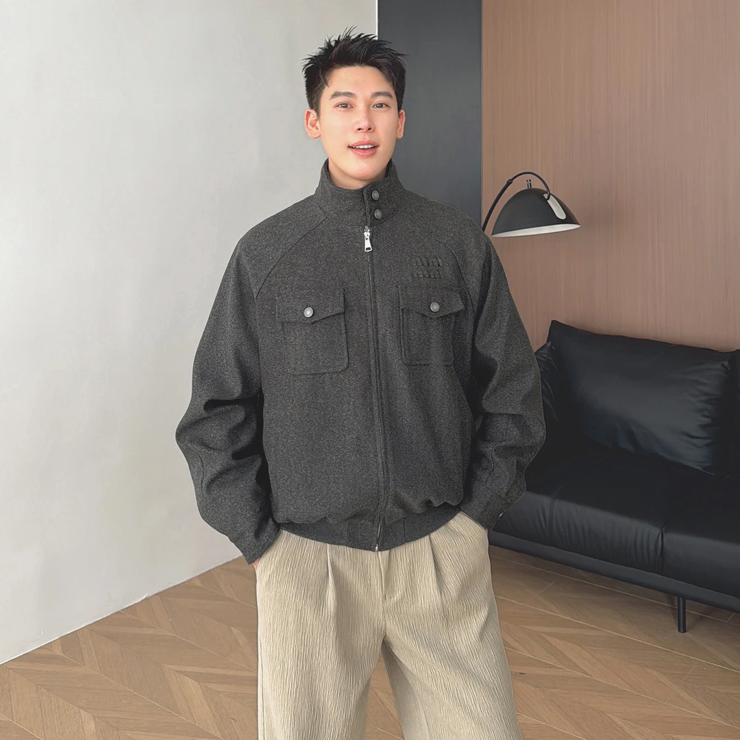 朱渣渣雅痞设计感立领毛呢子夹克男生外套2025休闲潮牌高级感短款
