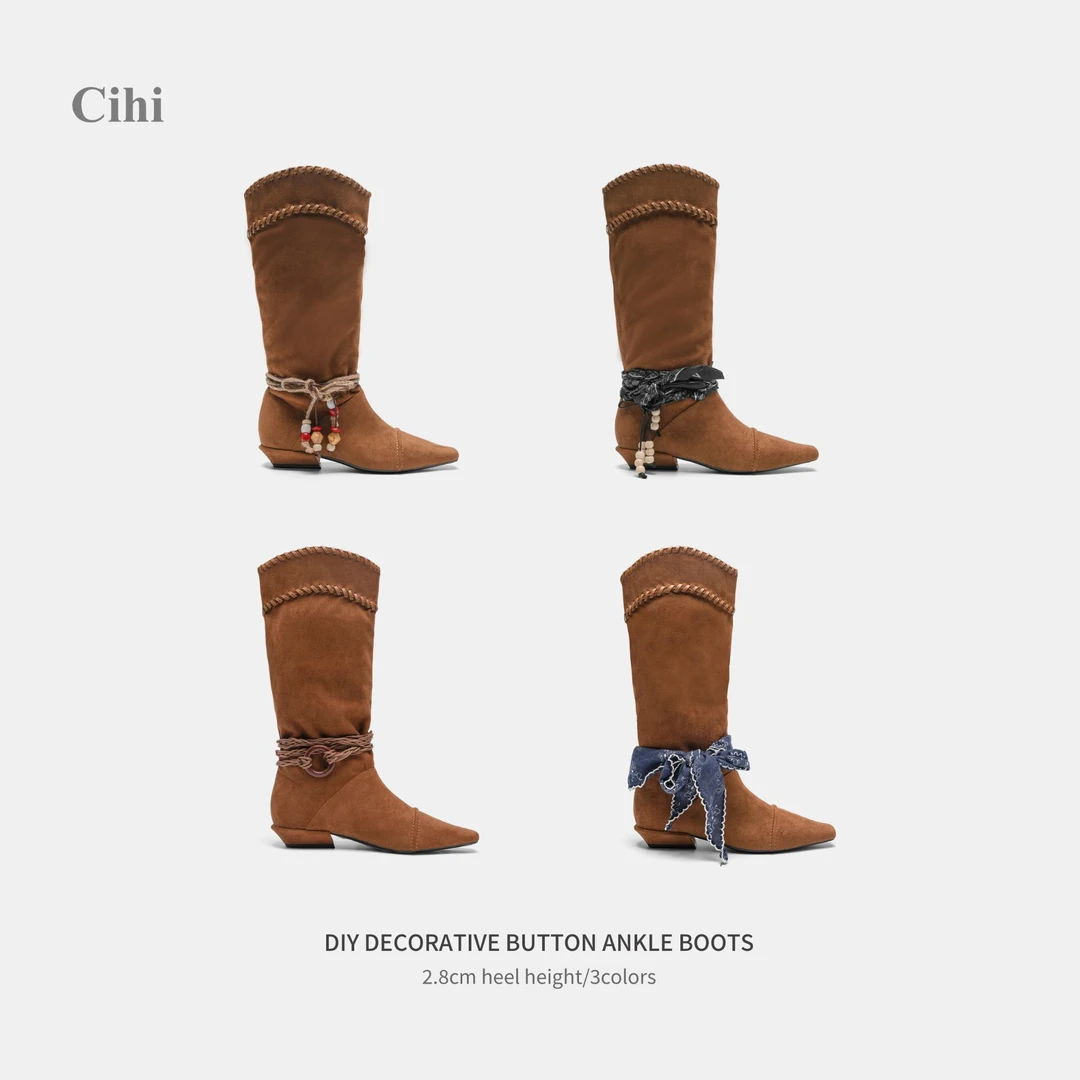 Cihi'Coisini ' DIY手工饰品 复古褶皱多变系带绒面堆堆长靴靴子