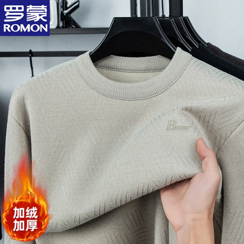 罗蒙秋冬男士加绒加厚圆领保暖长袖针织衫亲肤百搭休闲毛衣打底衫