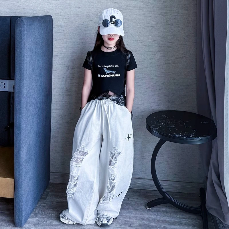女童破洞牛仔裤夏季蕾丝短袖弯刀裤嘻哈街舞爵士长裤网红两件套潮