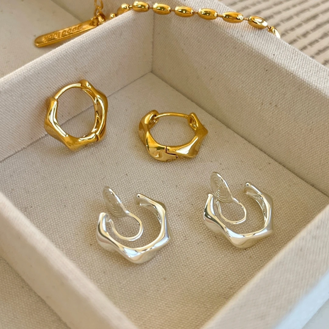 卡柒 铜合金耳饰 不规则几何肌理感素圈耳环耳扣无耳洞蚊香盘耳夹