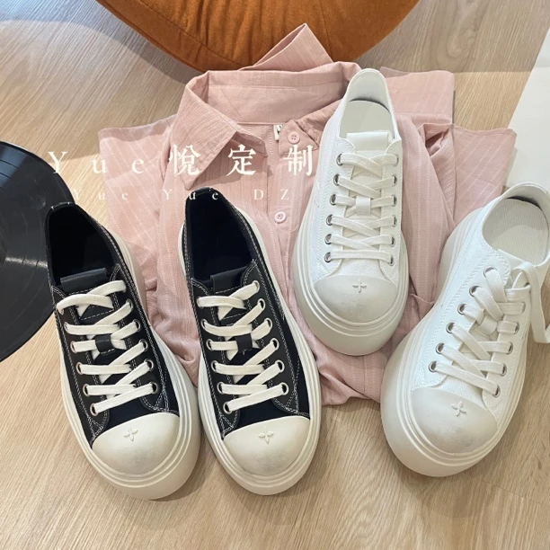 【YUE悦】内增高7厘米小众女夏季帆布时尚百搭小白鞋