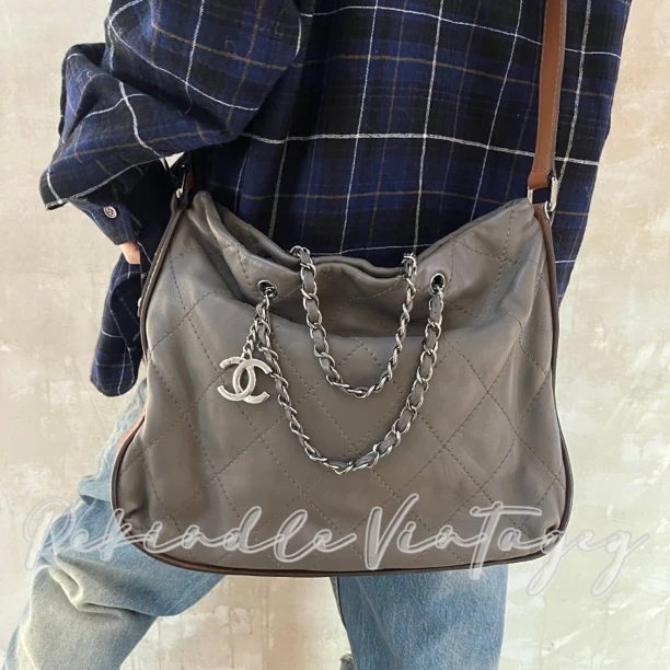 95新 Chanel/香奈儿 复燃精选/灰色羊皮2way机场包