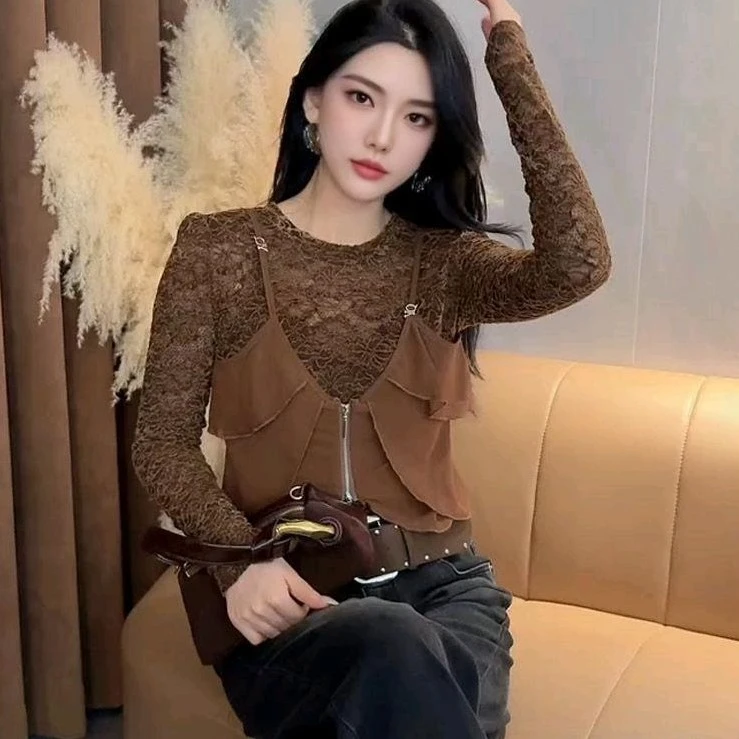 性感风蕾丝圆领宽松显瘦长袖韩版修身型女打底