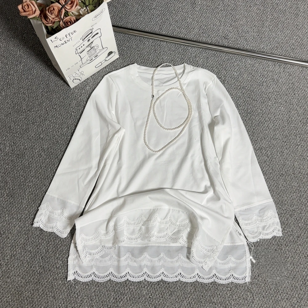 法式高级感遮肉显瘦中长款圆领长袖拼蕾丝边T恤时尚上衣