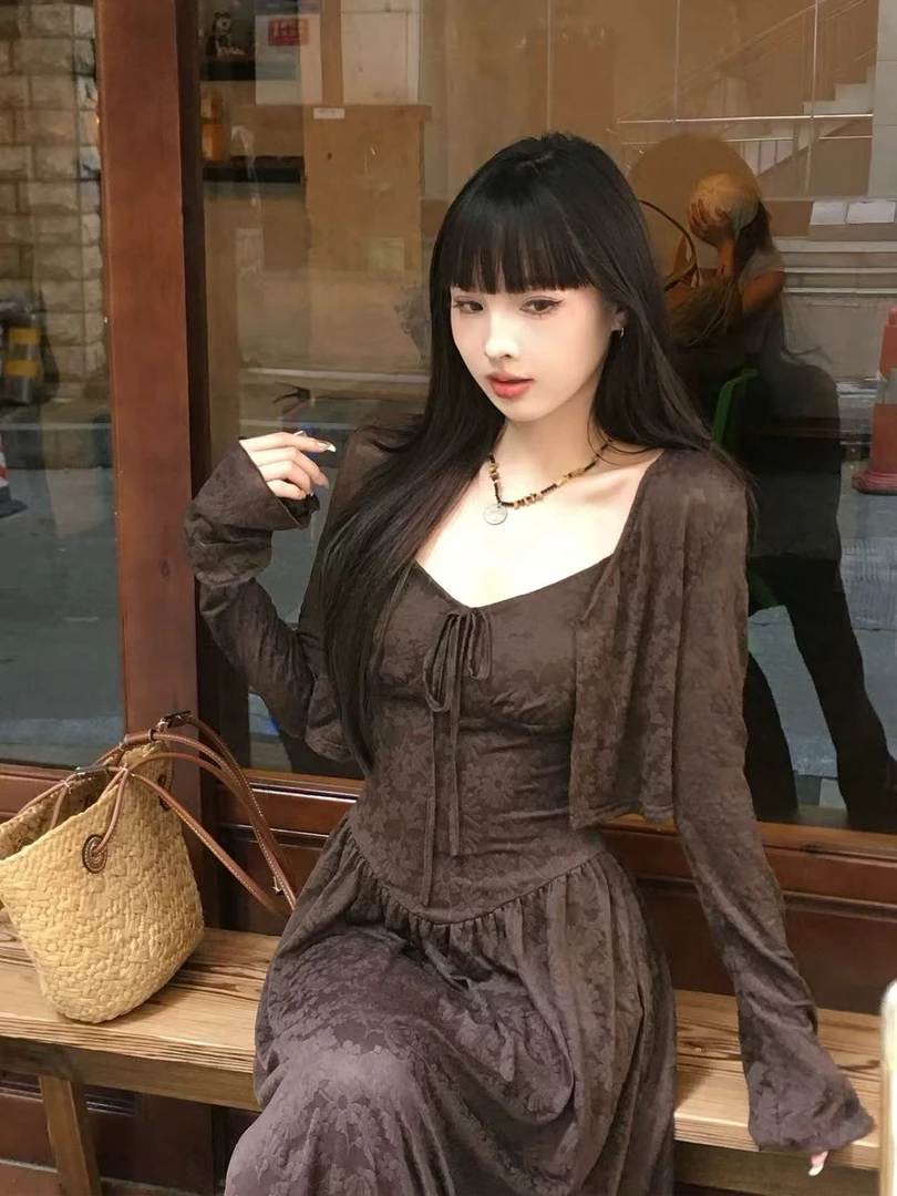 法式蕾丝弹力提花开衫吊带连衣裙套装女夏季新款收腰显瘦长裙