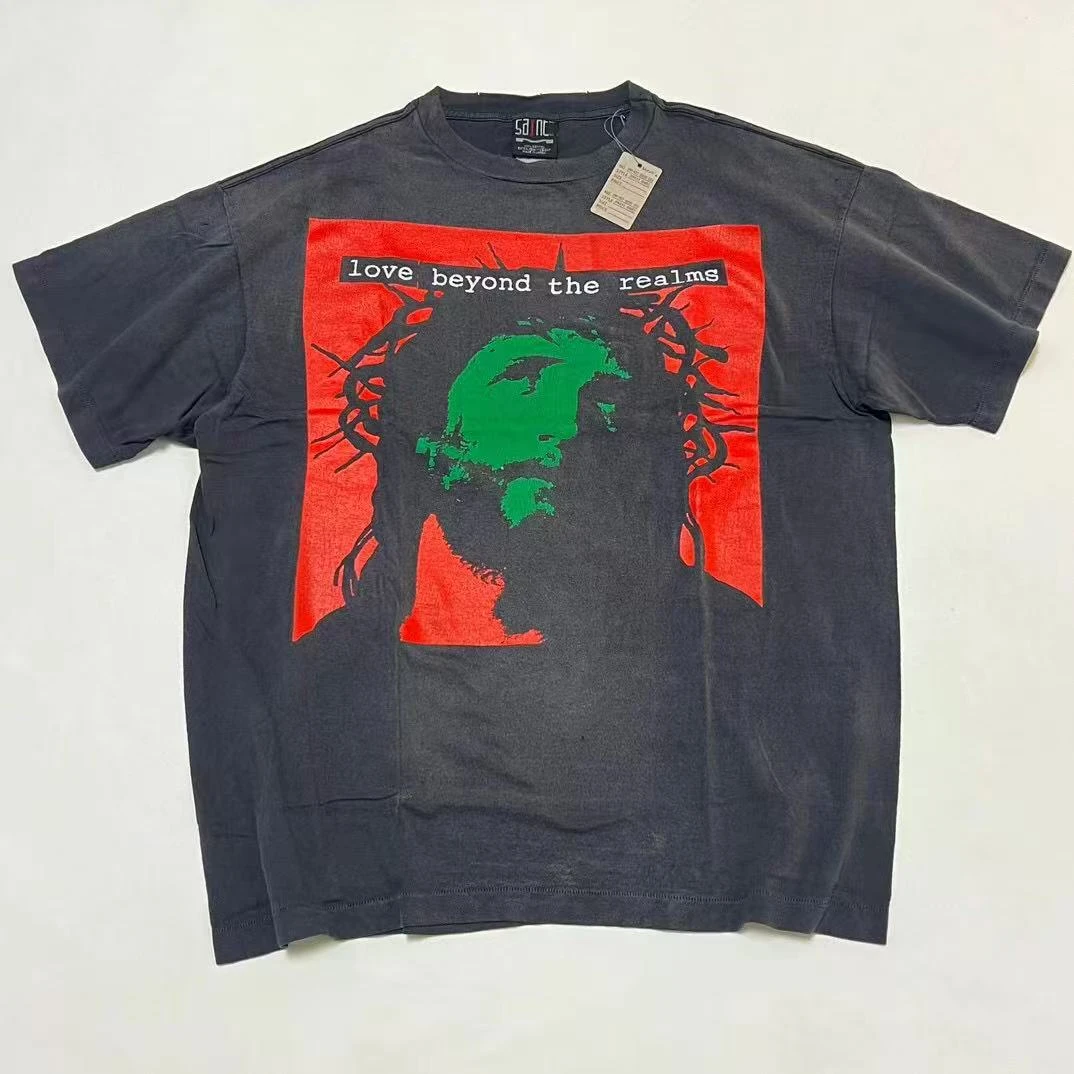SAINT MICHAEL LOVE BEYOND TEE/BLK 荆棘耶稣人像TEE 做旧水洗