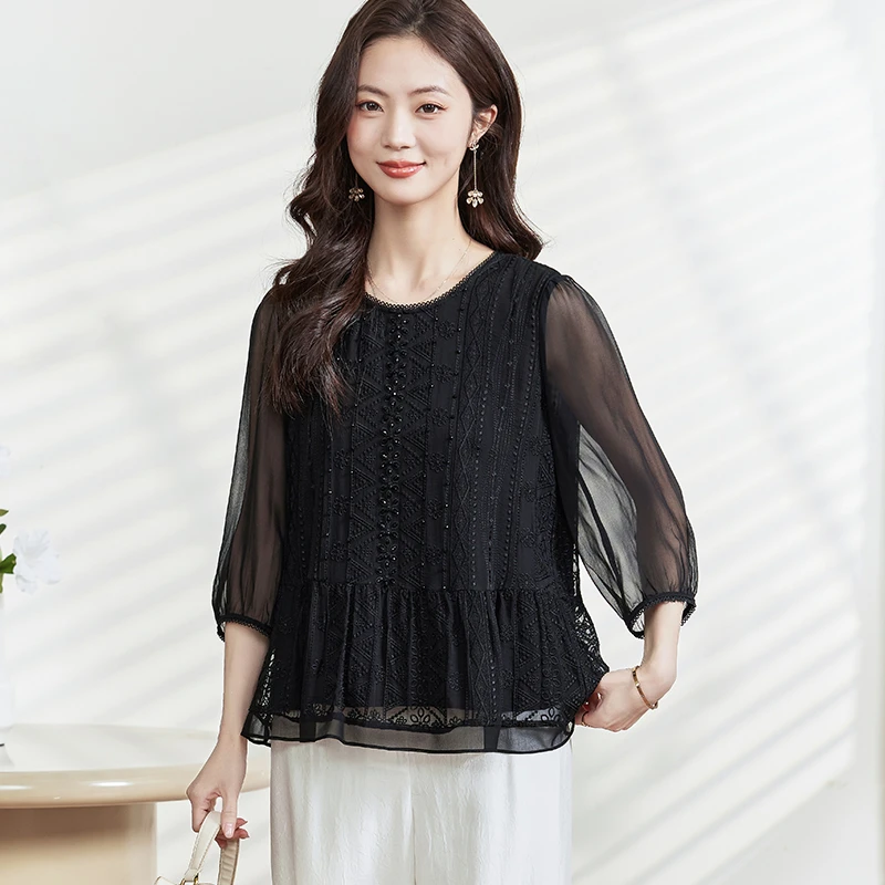 E5281大码刺绣桑蚕丝衬衫女复古七分袖桑蚕丝上衣秋