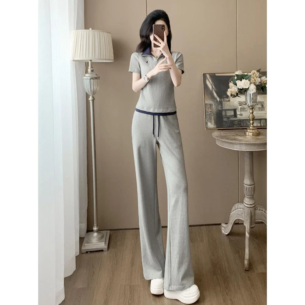 2025夏季休闲运动套装女显瘦高级感撞色翻领短袖阔腿裤两件套