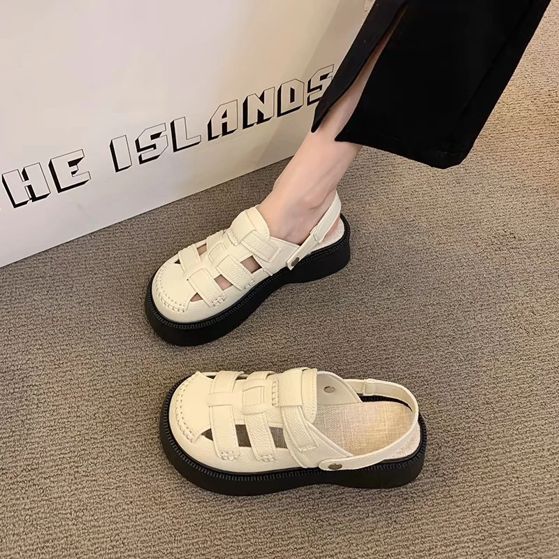 两穿镂空包头凉鞋女款2025新款洞洞森系罗马鞋厚底半拖鞋女夏外穿