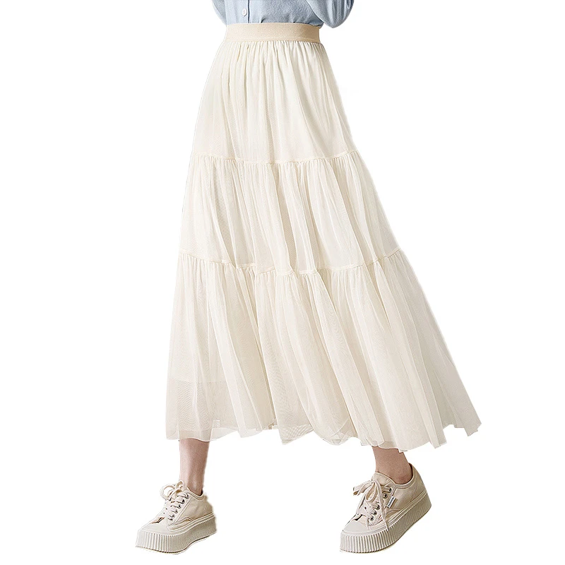 丝柏舍2025春装新款女装A字松紧腰拼接高腰网纱半身裙S51B0900B