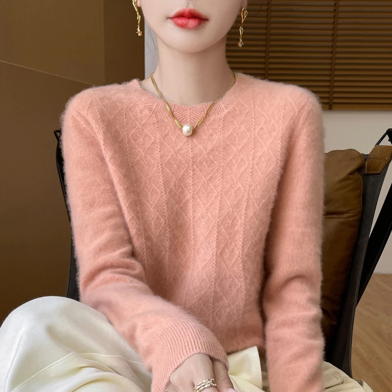 100%纯羊毛打底衫女士2024秋冬新款提花宽松长袖针织上衣秋冬毛衣