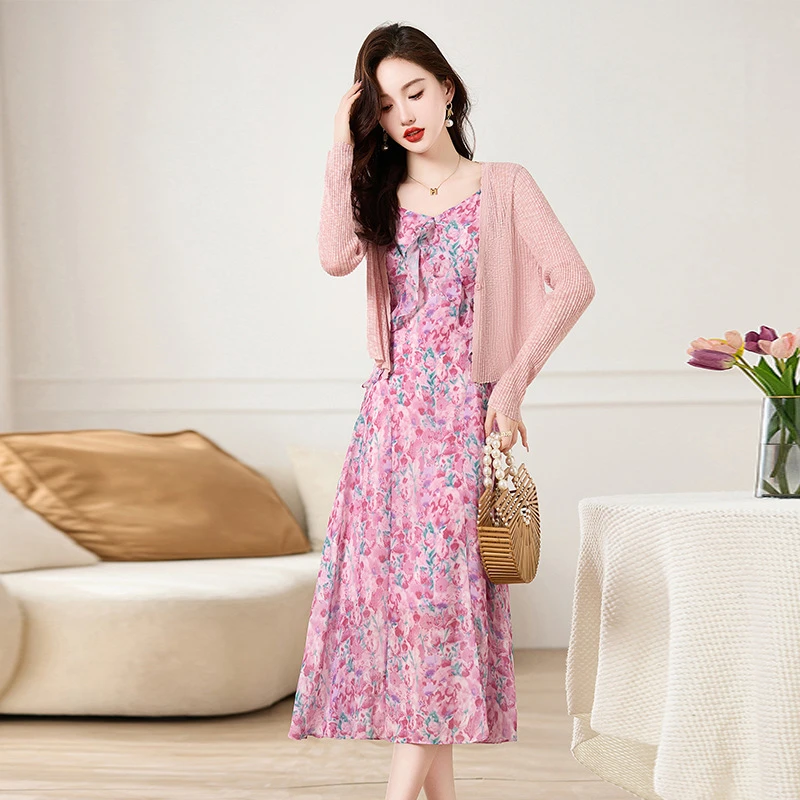 印花套装女2025年夏季新款时尚优雅拼接碎花吊带连衣裙两件套