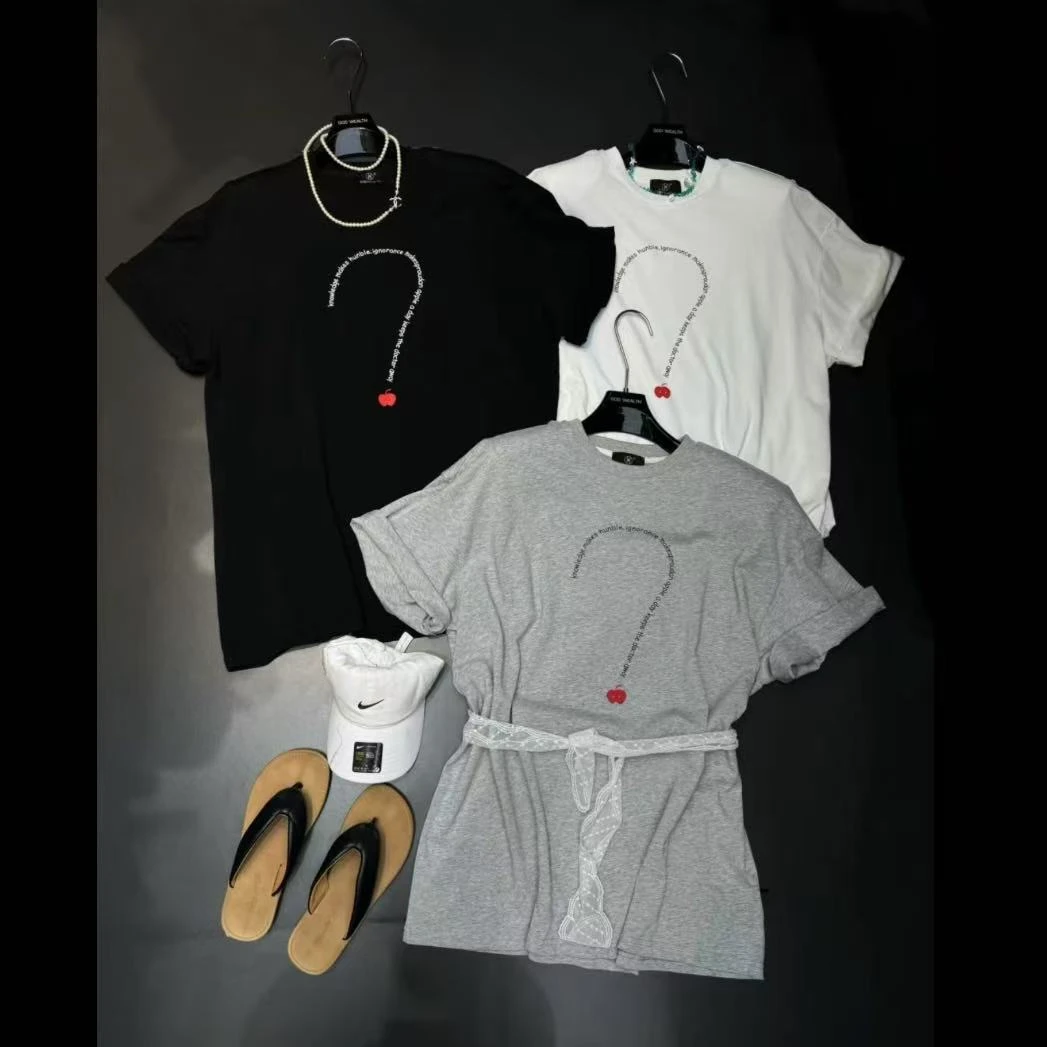 夏季新款设计【苹果小问号】垫肩直角肩宽松阔版休闲大t恤