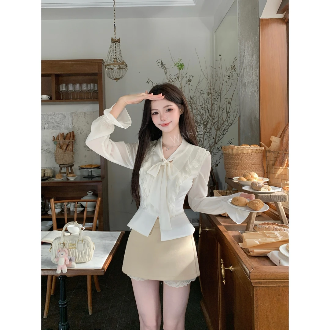 现现画解WAHJU【月光白茶】秋冬设计感气质收腰杏色上衣半裙9911W