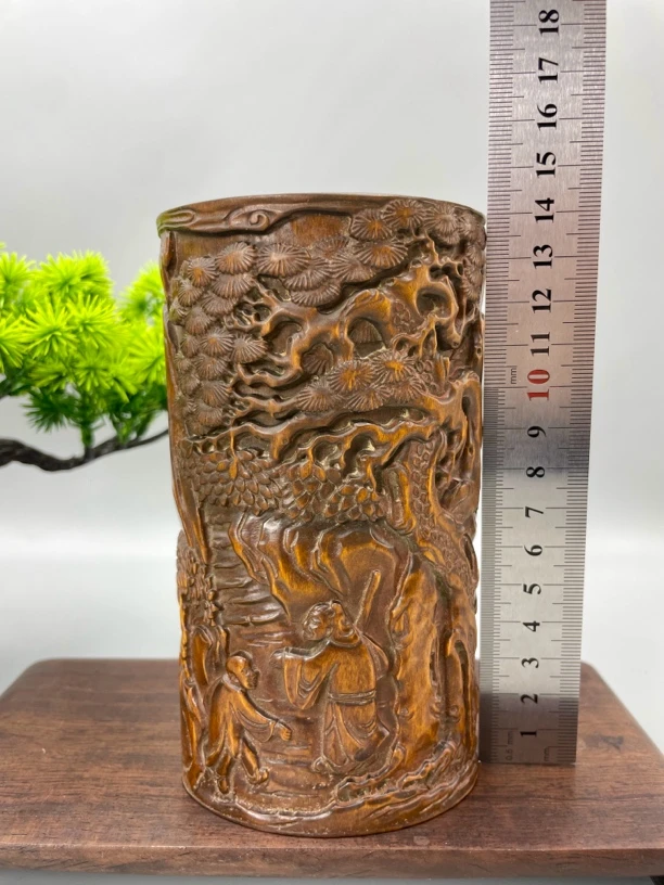 小叶黄杨木仿古工艺文房四宝（松下对弈笔筒）文房古玩收藏佳品