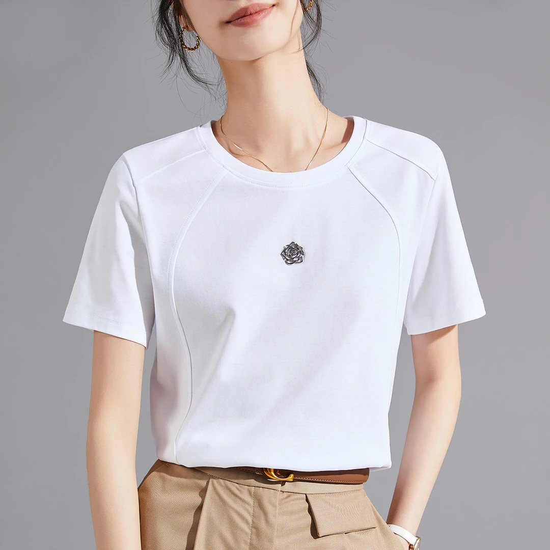 山茶花液氨白色短袖正肩t恤女 25夏季丝光棉圆领打底衫女体恤半袖