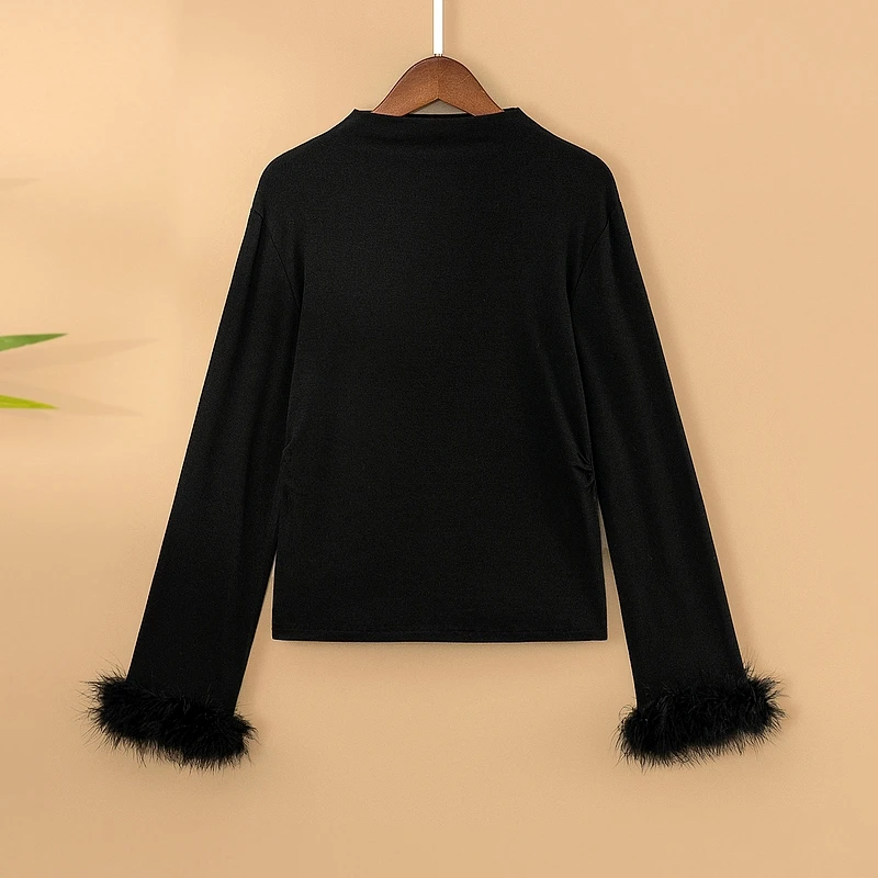 【嫣柔】冬季加厚保暖打底上衣新中式国风立领毛毛纯色长袖T恤衫女