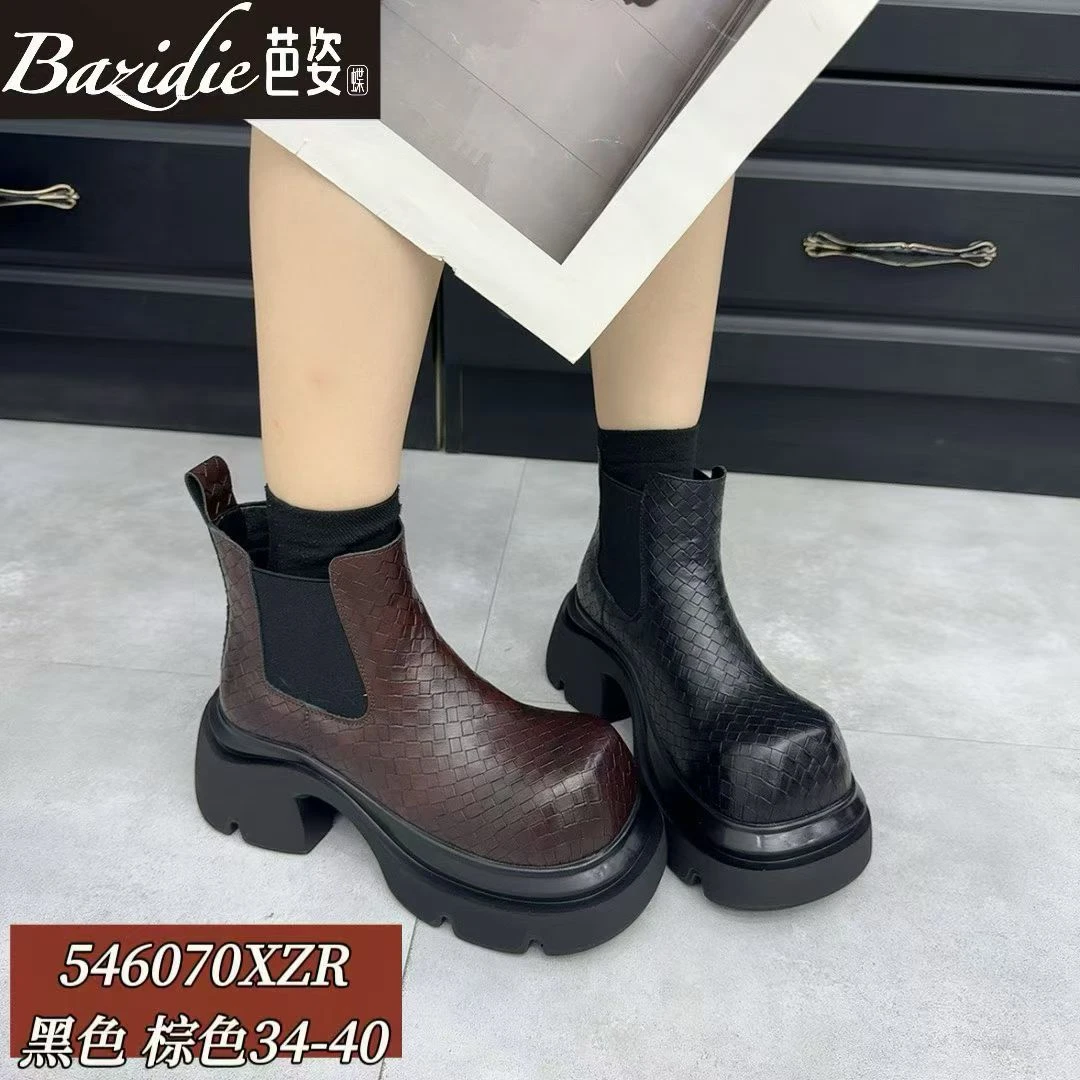 套筒中跟方头纯色秋冬胶粘马丁靴英伦风复古圆头