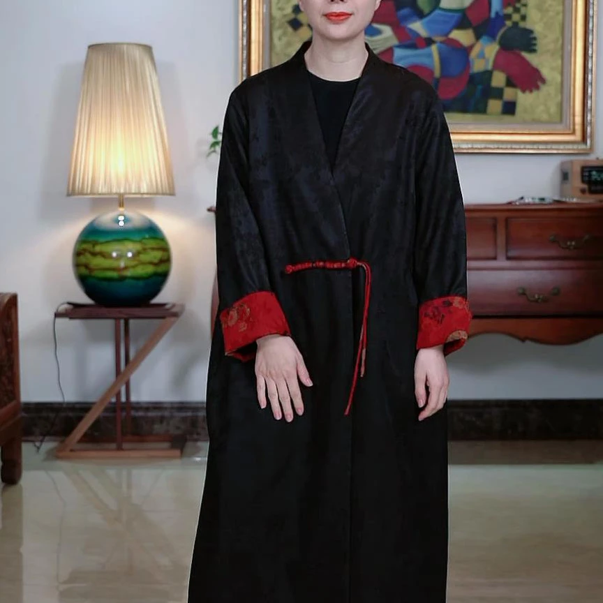 『垂阳』复古中式国风黑色35姆花萝香云纱长款风衣大外套-S2Q7428