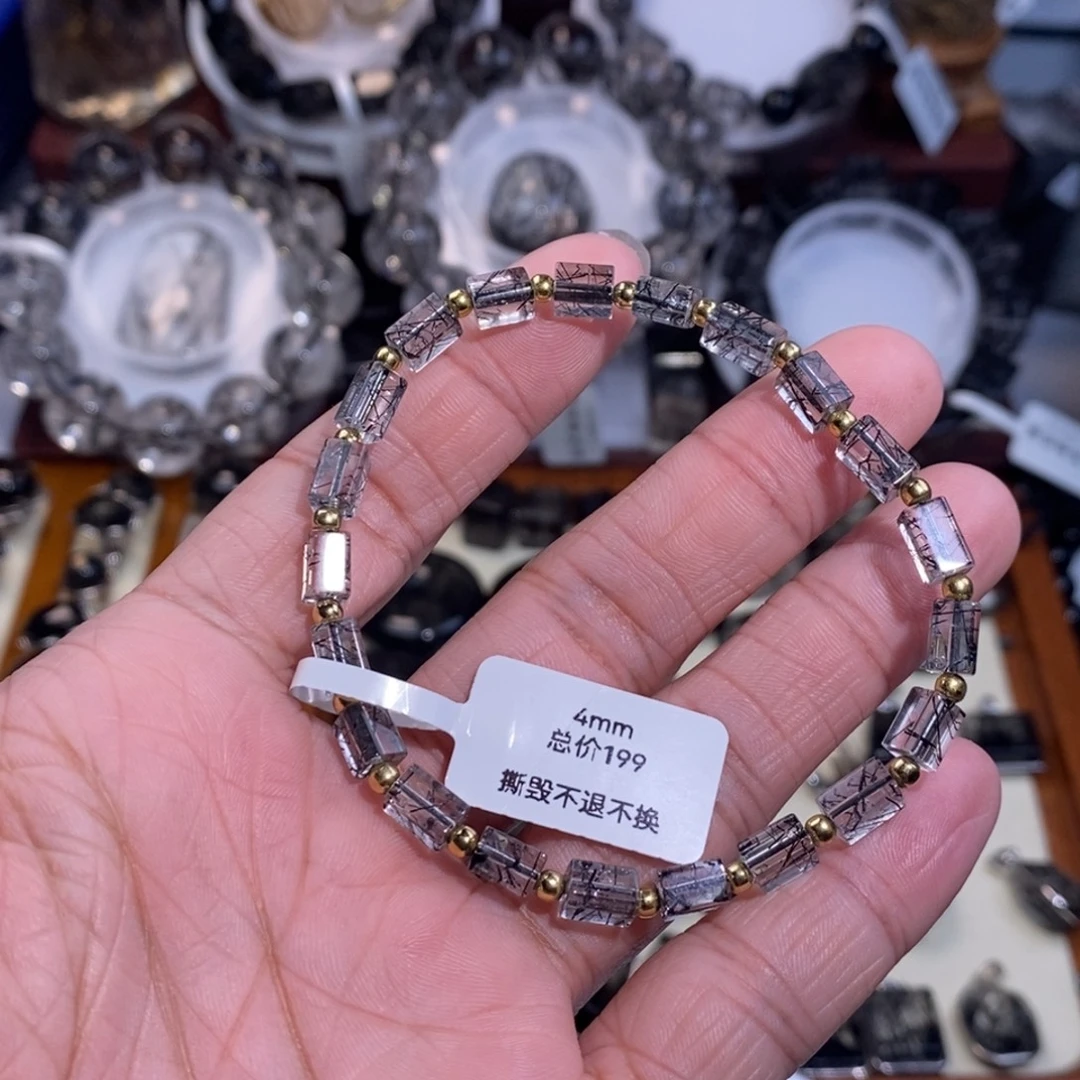水晶手链未镶嵌黑发晶方糖金珠4mm全透体