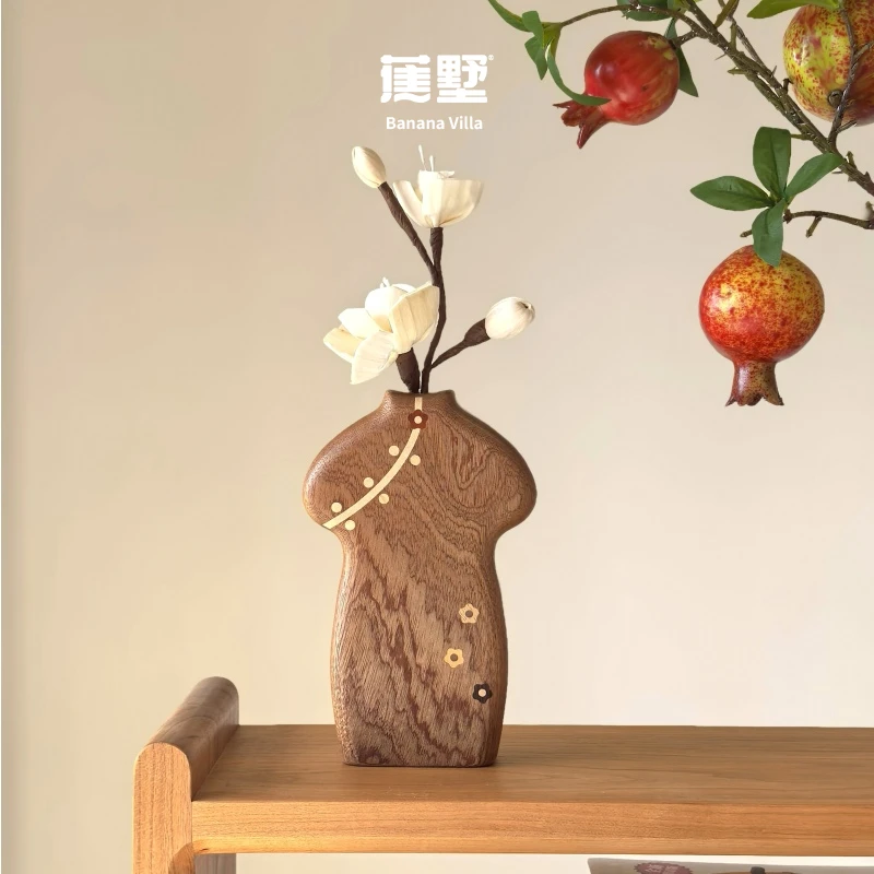 创意乌檀木新中式艺术干花花瓶家居装饰品木质几何扩香花器摆件