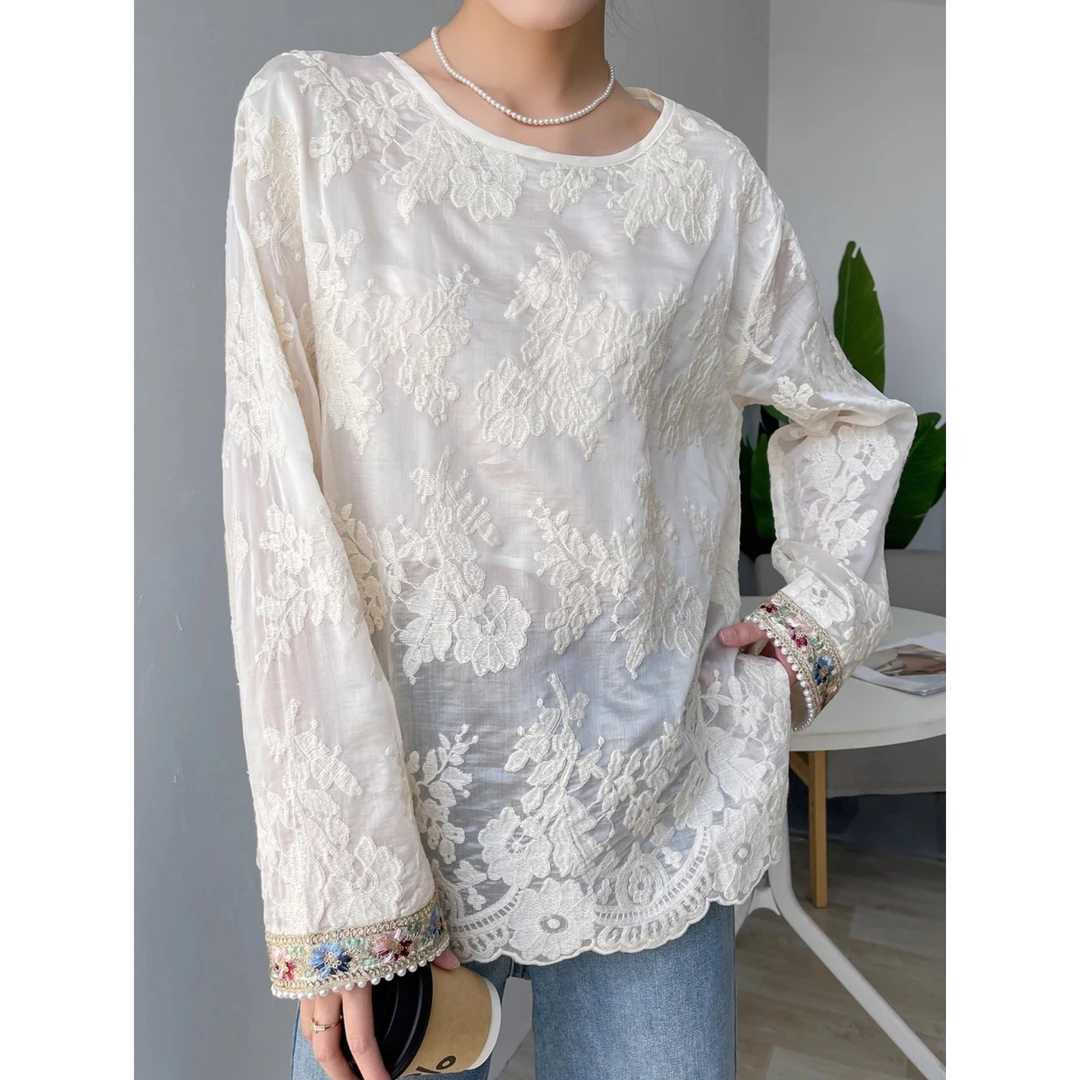 新中式蕾丝打底衫女内搭早秋外穿宽松罩衫长袖t恤上衣开叉设计感