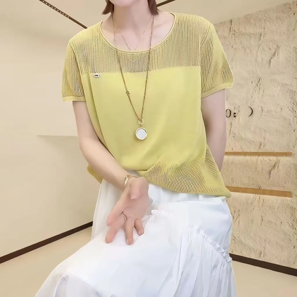 冰丝薄款镂空针织衫针织短袖女2025新款夏季宽松独特漂亮灰色上衣
