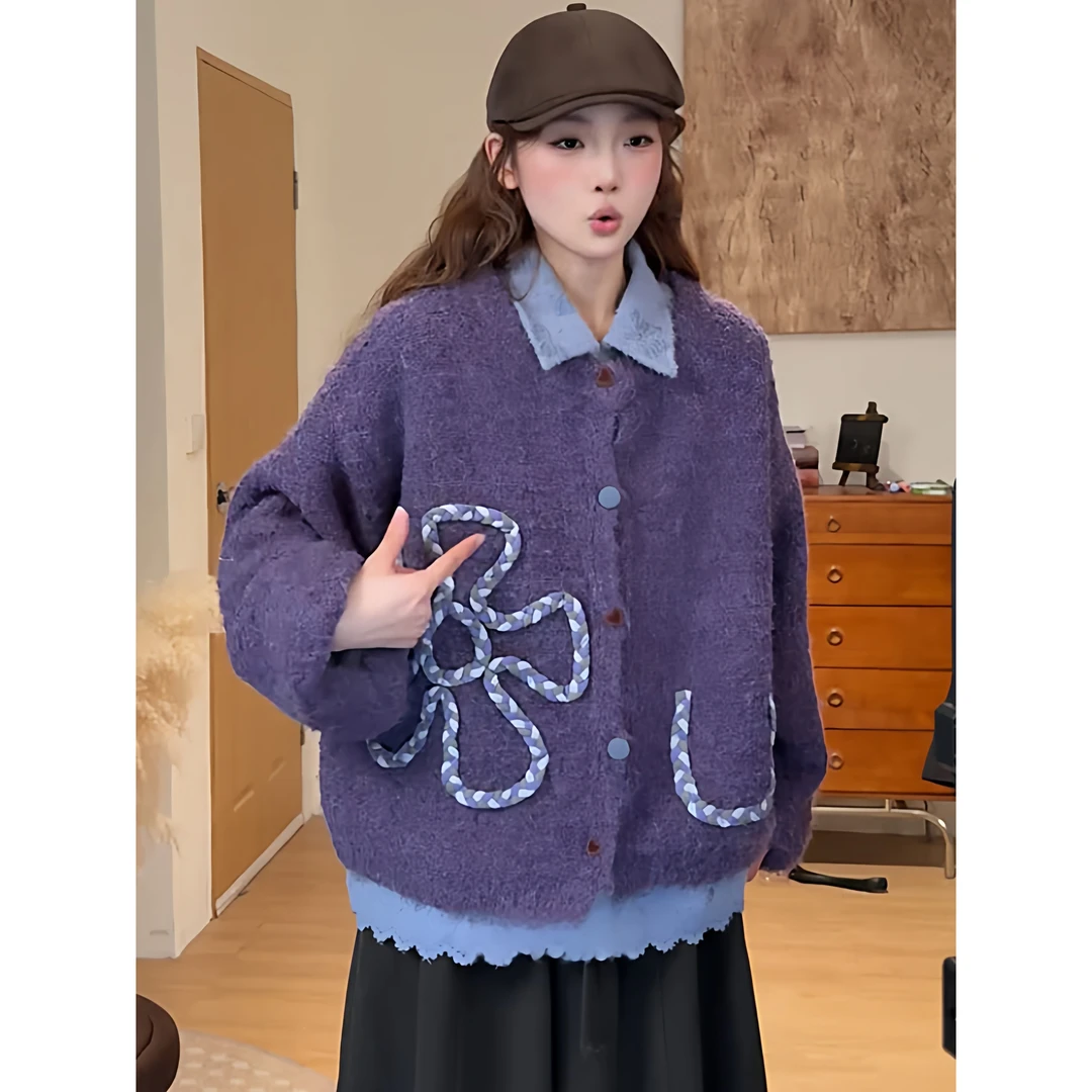 田园风减龄编织花朵V领毛衣开衫女秋冬紫色宽松显瘦减龄针织外套