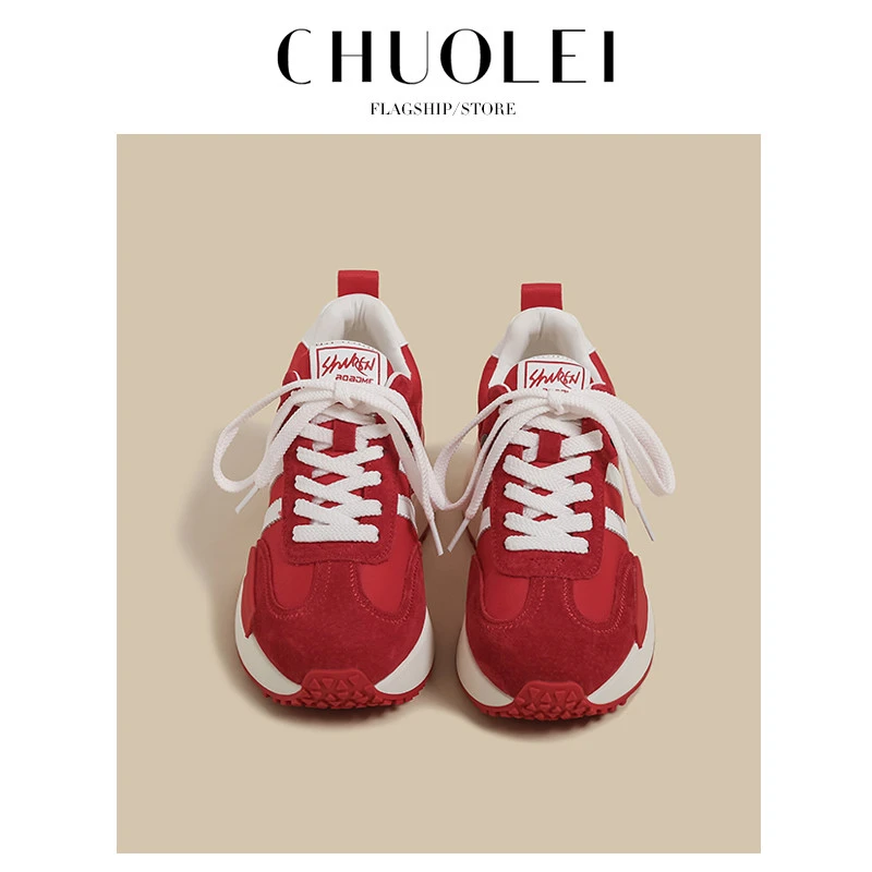 厚底阿甘鞋女2025春秋季新款小众红色增高华夫德训小码运动老爹鞋