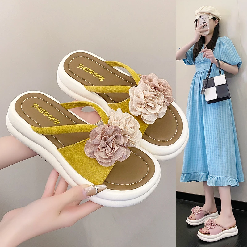 双色花厚底拖鞋女2025夏季新款韩版仙女风平底学生时装沙滩凉拖鞋
