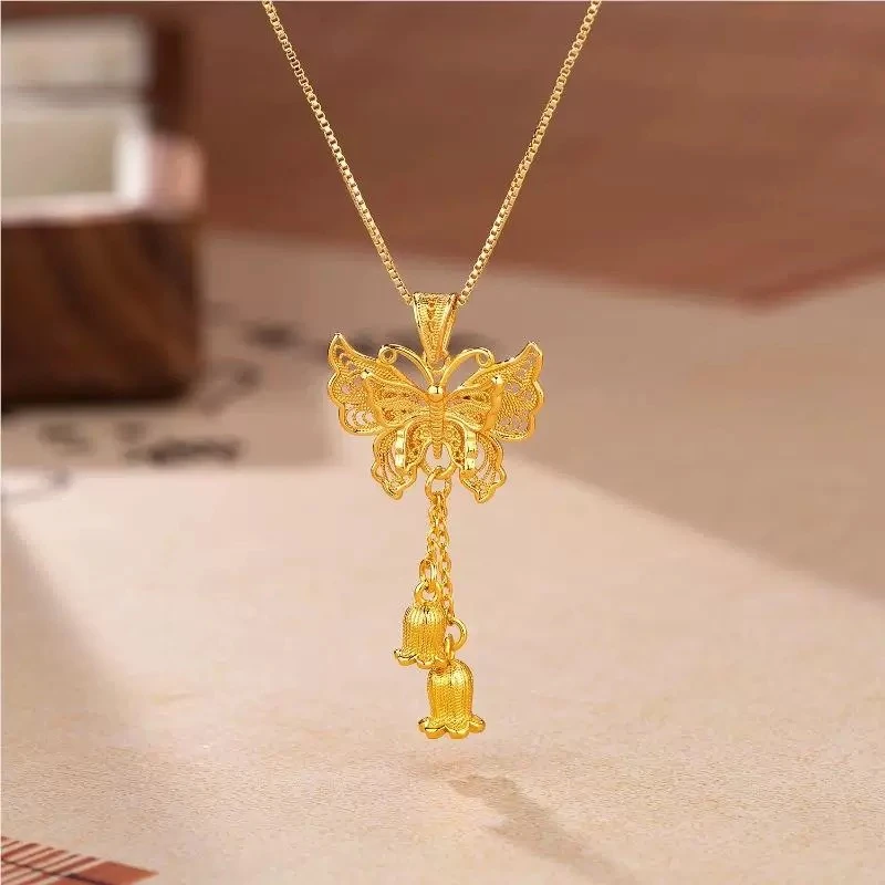 铜合金吊坠 花丝蝴蝶流苏吊坠项链饰品气质轻奢时尚金色精致超仙