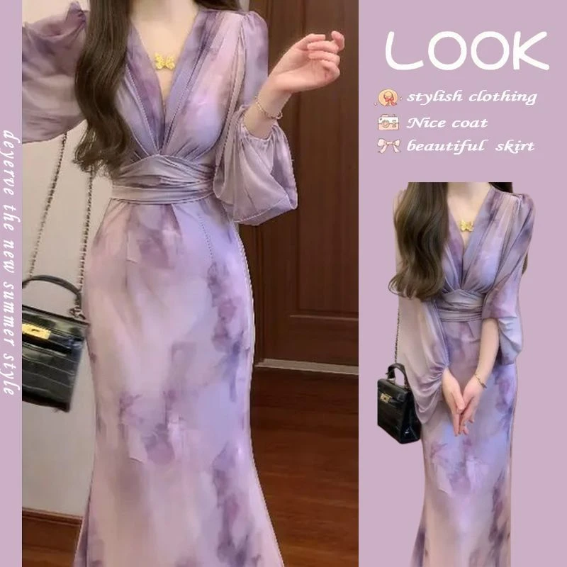 法式小香风V领连衣裙女2025春夏新款优雅气质收腰显瘦长裙度假女