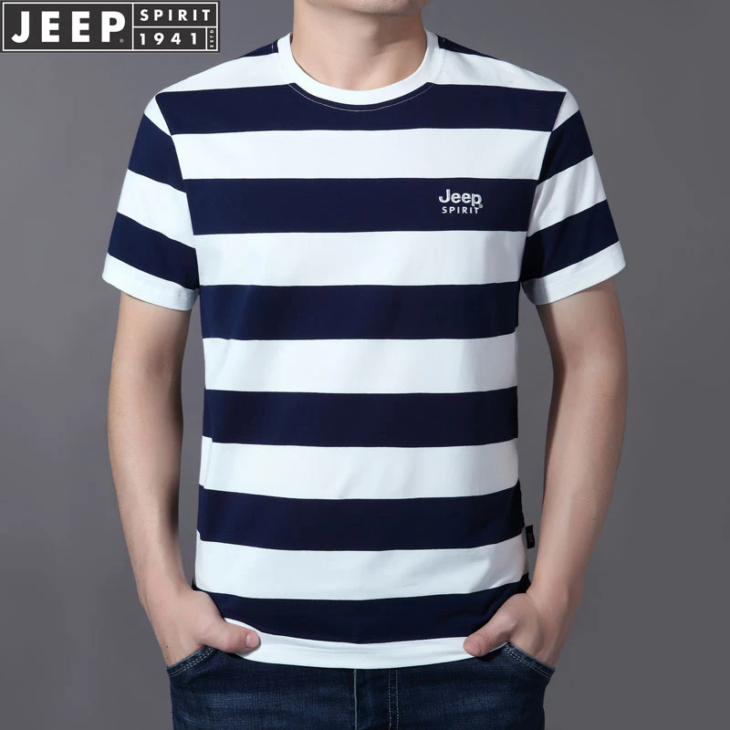 JEEP SPIRIT圆领条纹短袖t恤男夏季薄款宽松大码休闲半袖男装上衣