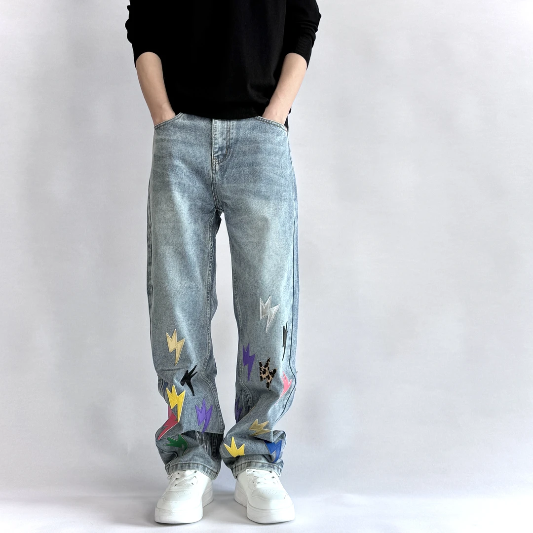 【宽松直筒】无弹力四季通用潮牌设计款闪电牛仔裤男款美式高街