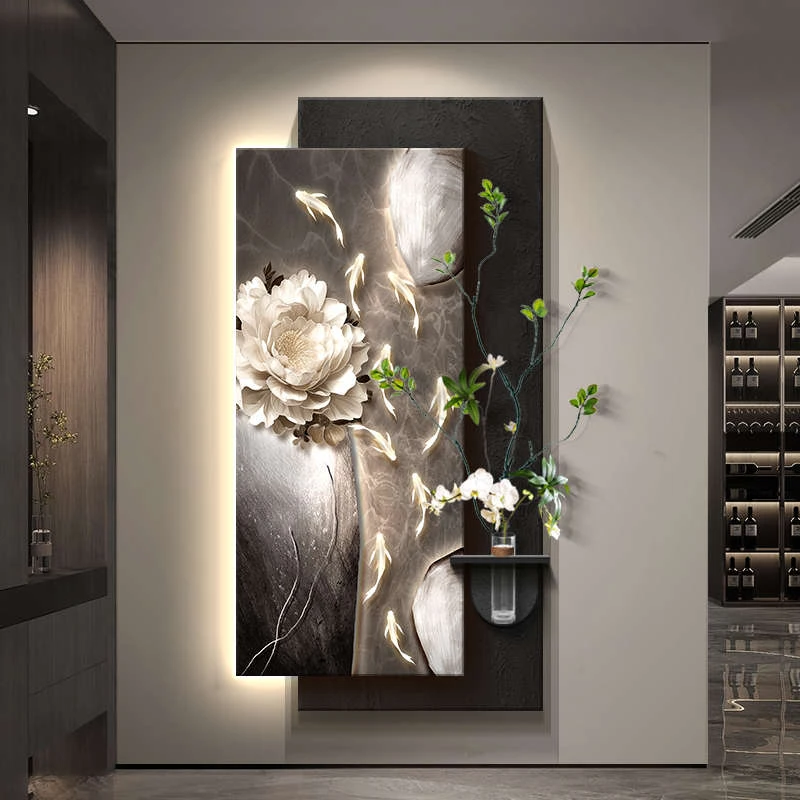 九鱼图玄关装饰画入户正对门挂画水培绿植走廊过道壁画灯2025新款