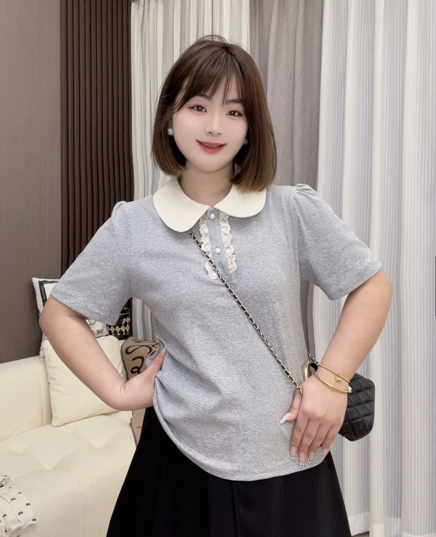 新款大码女装2025春夏时尚设计感撞色娃娃领拼接花边T恤短袖女