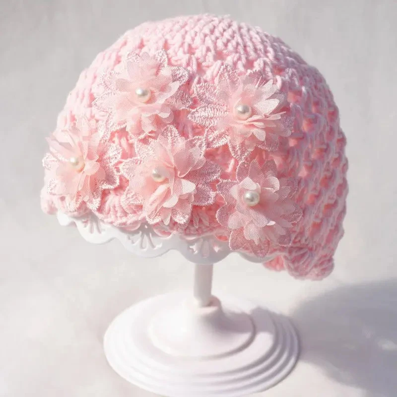 新生儿蕾丝花朵胎帽手工编织婴儿帽韩版可爱公主花朵花毛线无骨帽